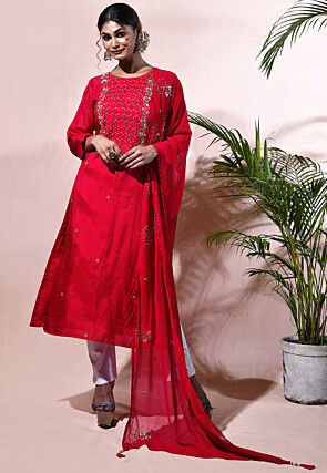 Zardosi Art Silk Pakistani Suit in Red