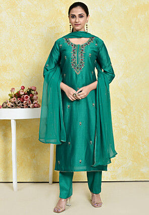 Zardosi Pure Chanderi Cotton Pakistani Suit in Teal Green