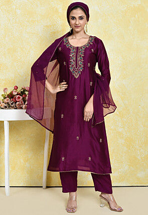 Zardosi Pure Chanderi Cotton Pakistani Suit in Wine
