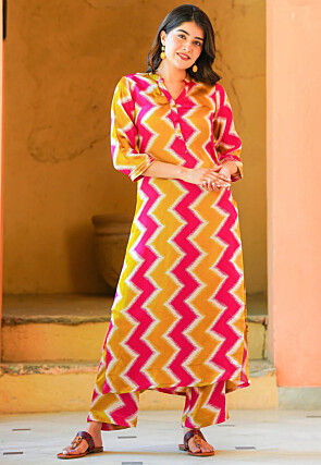 Zig Zag Printed Art Muslin Silk Co Ord Set in Pink and Yellow