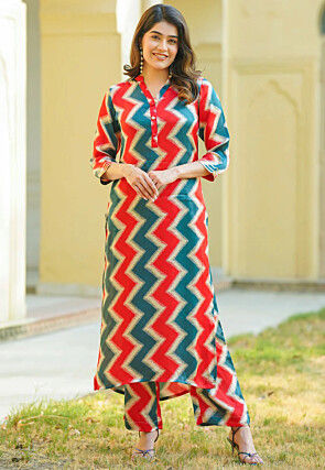 Zig Zag Printed Art Muslin Silk Co Ord Set in Red and Dusty Blue