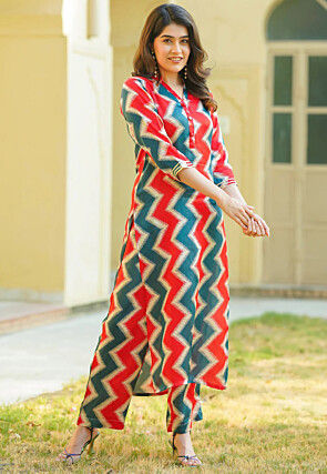 Zig Zag Printed Art Muslin Silk Co Ord Set in Red and Dusty Blue