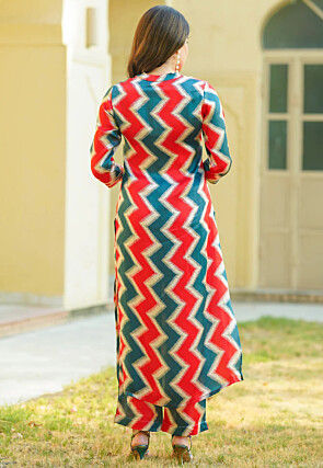 Zig Zag Printed Art Muslin Silk Co Ord Set in Red and Dusty Blue
