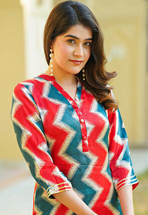 Zig Zag Printed Art Muslin Silk Co Ord Set in Red and Dusty Blue