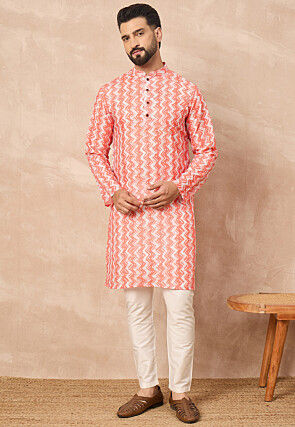 Zig Zag Printed Cotton Kurta Set in Orange