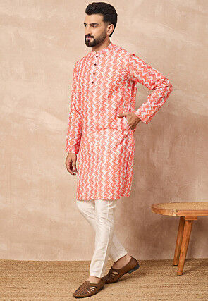 Zig Zag Printed Cotton Kurta Set in Orange