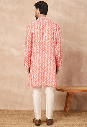 Zig Zag Printed Cotton Kurta Set in Orange