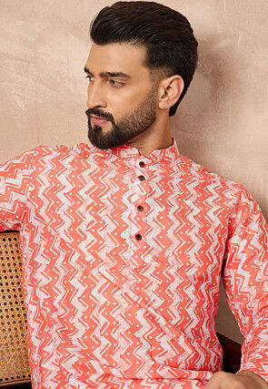 Zig Zag Printed Cotton Kurta Set in Orange