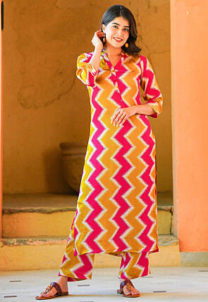 Zig Zag Printed Pure Muslin Silk Pakistani Suit in Mustard and Fuchsia