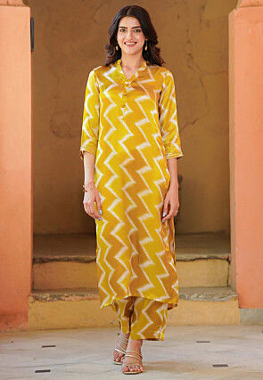 Zig Zag Printed Pure Muslin Silk Pakistani Suit in Mustard