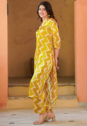 Zig Zag Printed Pure Muslin Silk Pakistani Suit in Mustard