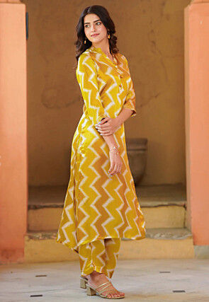 Zig Zag Printed Pure Muslin Silk Pakistani Suit in Mustard