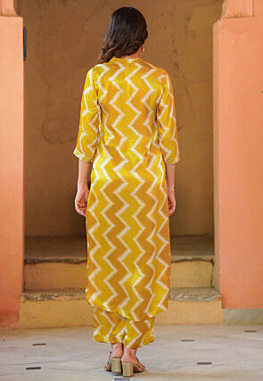Zig Zag Printed Pure Muslin Silk Pakistani Suit in Mustard