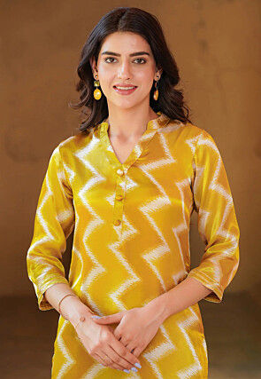 Zig Zag Printed Pure Muslin Silk Pakistani Suit in Mustard