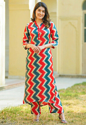 Zig Zag Printed Pure Muslin Silk Pakistani Suit in Red and Dusty Blue