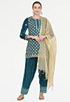 Aari Embroidered Velvet Punjabi Suit in Teal Blue