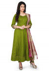 Cotton Silk Anarkali Suit in Light Olive Green