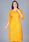Bandhej Printed Art Kota Silk Straight Kurta in Mustard