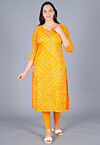 Bandhej Printed Art Kota Silk Straight Kurta Set in Mustard
