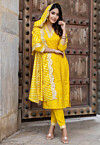 Bandhej Printed Art Silk Pakistani Suit in Yellow
