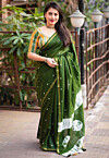 Tie Dye Printed Chanderi Cotton Saree in Olive Green