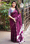 Bandhej Printed Chanderi Cotton Saree in Violet