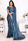 Bandhej Printed Chinon Chiffon Saree in Teal Blue