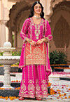 Bandhej Printed Chinon Silk Pakistani Suit in Fuchsia and Orange