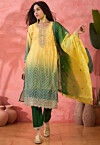 Bandhej Printed Chinon Silk Pakistani Suit in Shaded Yellow and Green