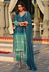Bandhej Printed Chinon Silk Pakistani Suit in Teal Blue