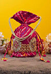 Bandhej Printed Crepe Potli Bag in Fuchsia