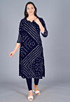 Bandhej Printed Kota Silk Straight Kurta Set in Navy Blue