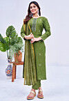 Bandhej Printed Rayon Pakistani Suit in Olive Green
