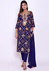 Bandhej Pure Chinon Crepe Straight Suit in Royal Blue