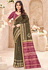 Batik Printed Art Silk Saree in Dusty Green