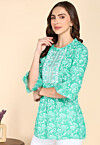 Batik Printed Cotton A Line Kurti in Sea Green