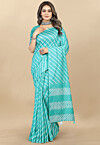 Batik Printed Cotton Saree in Turquoise