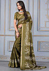 Batik Printed Cotton Silk Saree in Dark Olive Green