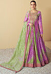 Batik Printed Muslin Silk Abaya Style Suit in Purple and Green