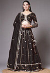 Block Printed Art Dupion Silk Lehenga in Black