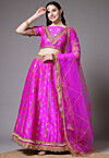 Block Printed Dupion Silk Lehenga in Fuchsia