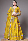 Block Printed Art Dupion Silk Lehenga in Olive Green