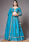 Block Printed Art Dupion Silk Lehenga in Sky Blue