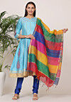 Block Printed Art Silk Anarkali Suit in Light Blue