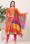 Block Printed Art Silk Anarkali Suit in Orange