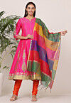Block Printed Art Silk Anarkali Suit in Pink