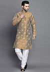 Block Printed Art Silk Kurta Set in Beige