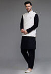 Block Printed Art Silk Kurta Set in Black and Off White