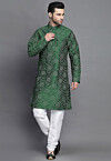 Block Printed Art Silk Kurta Set in Dark Green