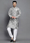 Block Printed Art Silk Kurta Set in Grey